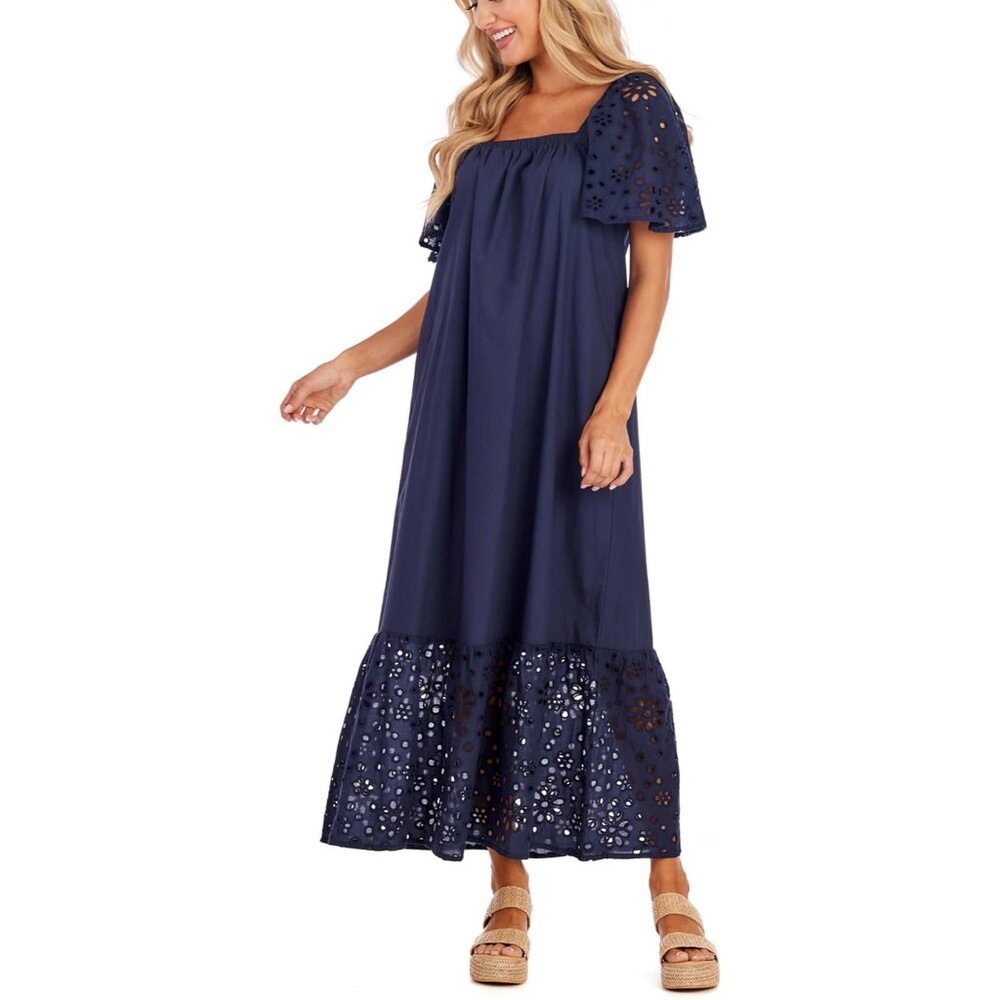 Women's Cotton Eyelet Maxi Dress Feminine Flounce Hem Large Blue